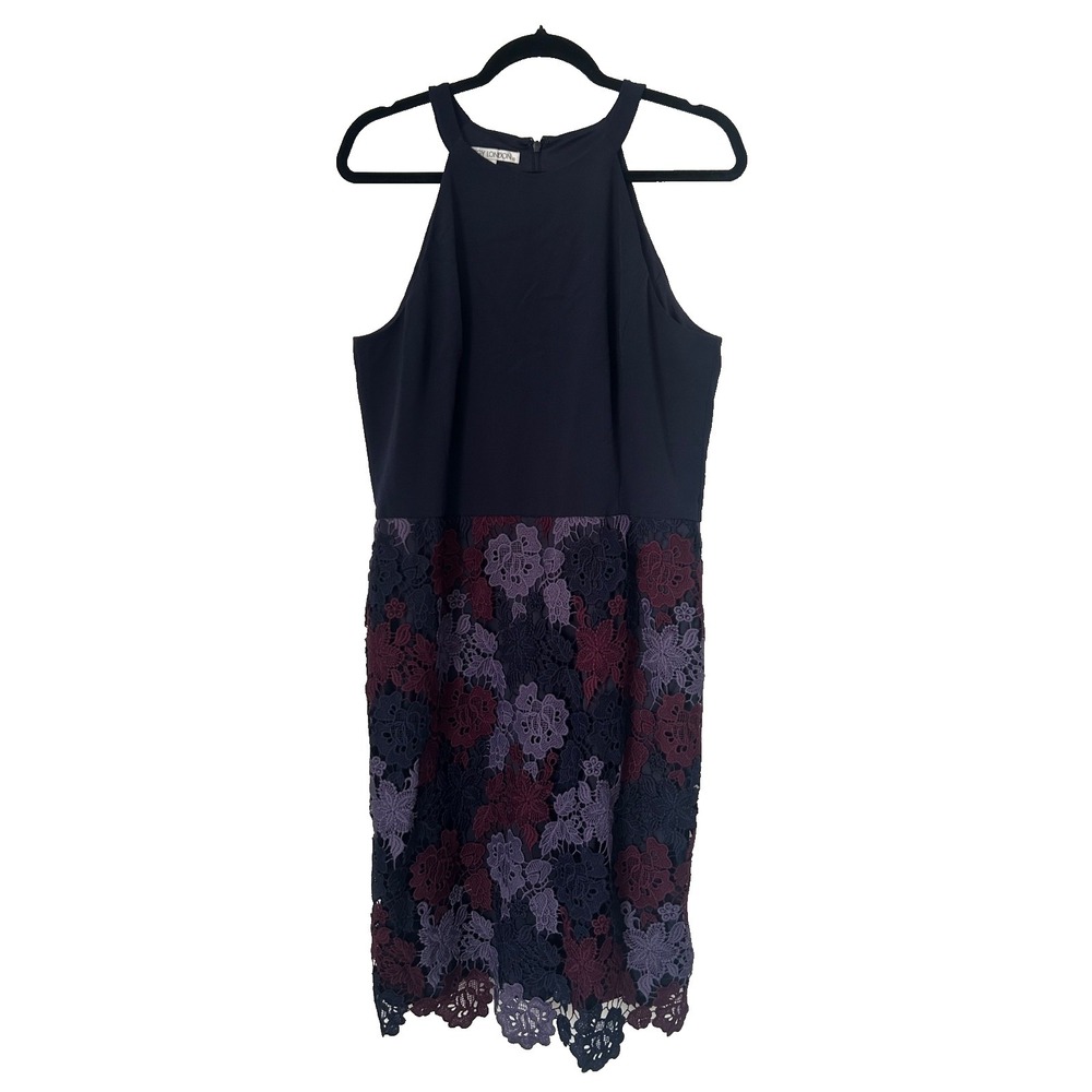 Maggy London Tri-Tone Lace Crepe Sheath Dress Size 14 Halter Neck Floral Guipure